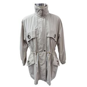 Towne London Fog Fully Lined Khaki Trench Coat Women Sz M Unique Metal Trim